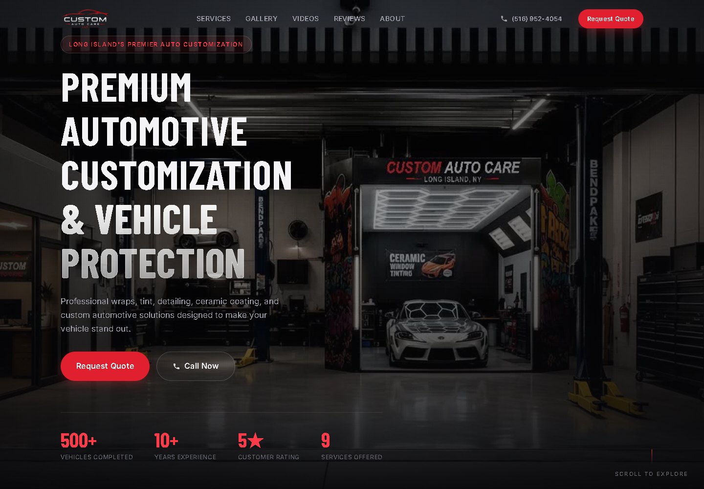 The Custom Auto Care site: the shop-floor hero behind the Premium Automotive Customization headline.