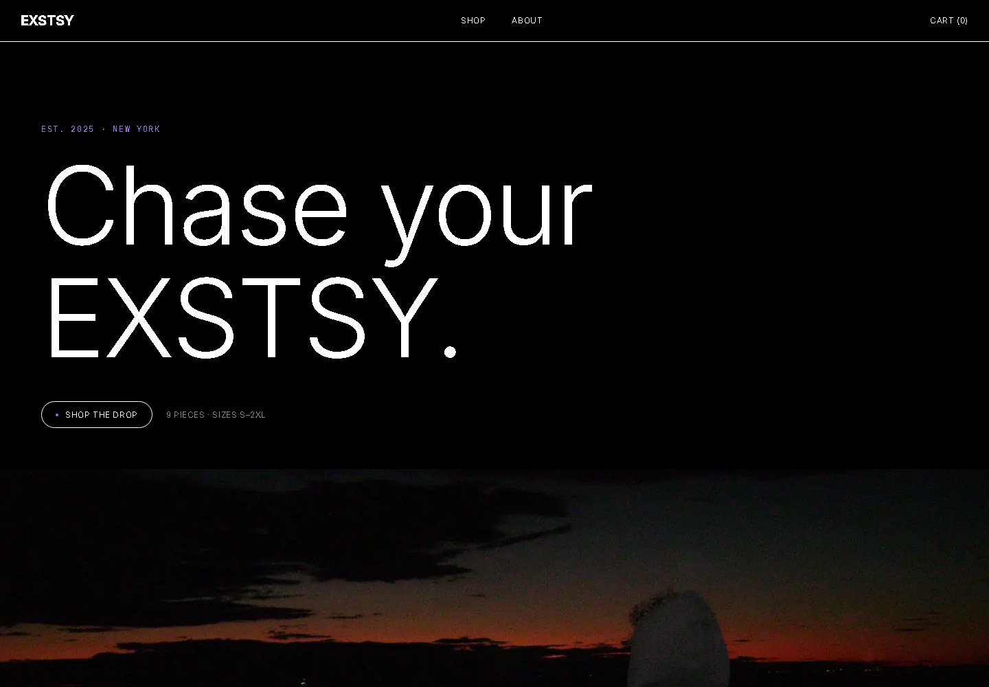 The EXSTSY storefront: the brand name set large across a black hero above a night sky.