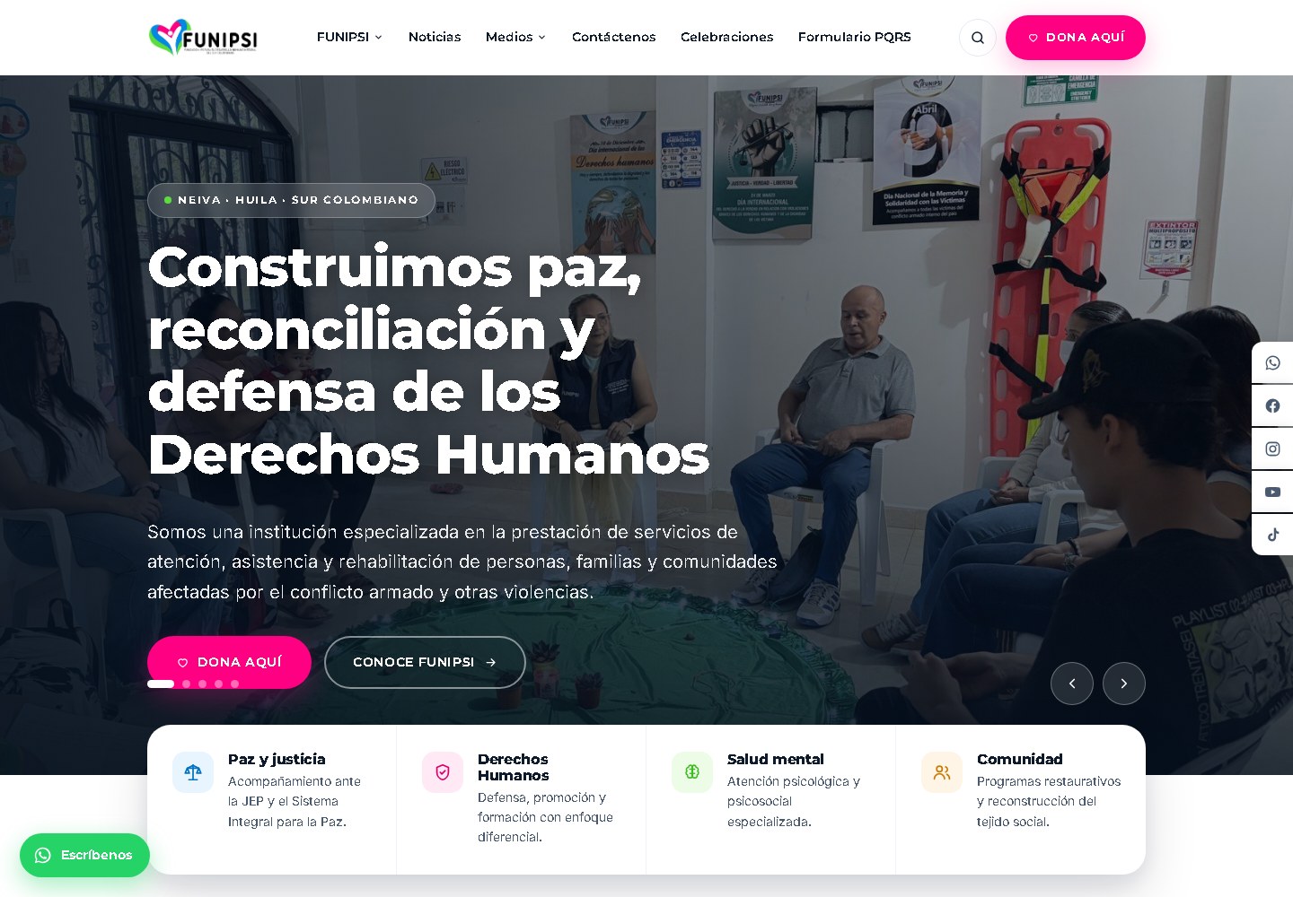 The FUNIPSI redesign: the institutional headline over a photograph of a community session in Neiva.