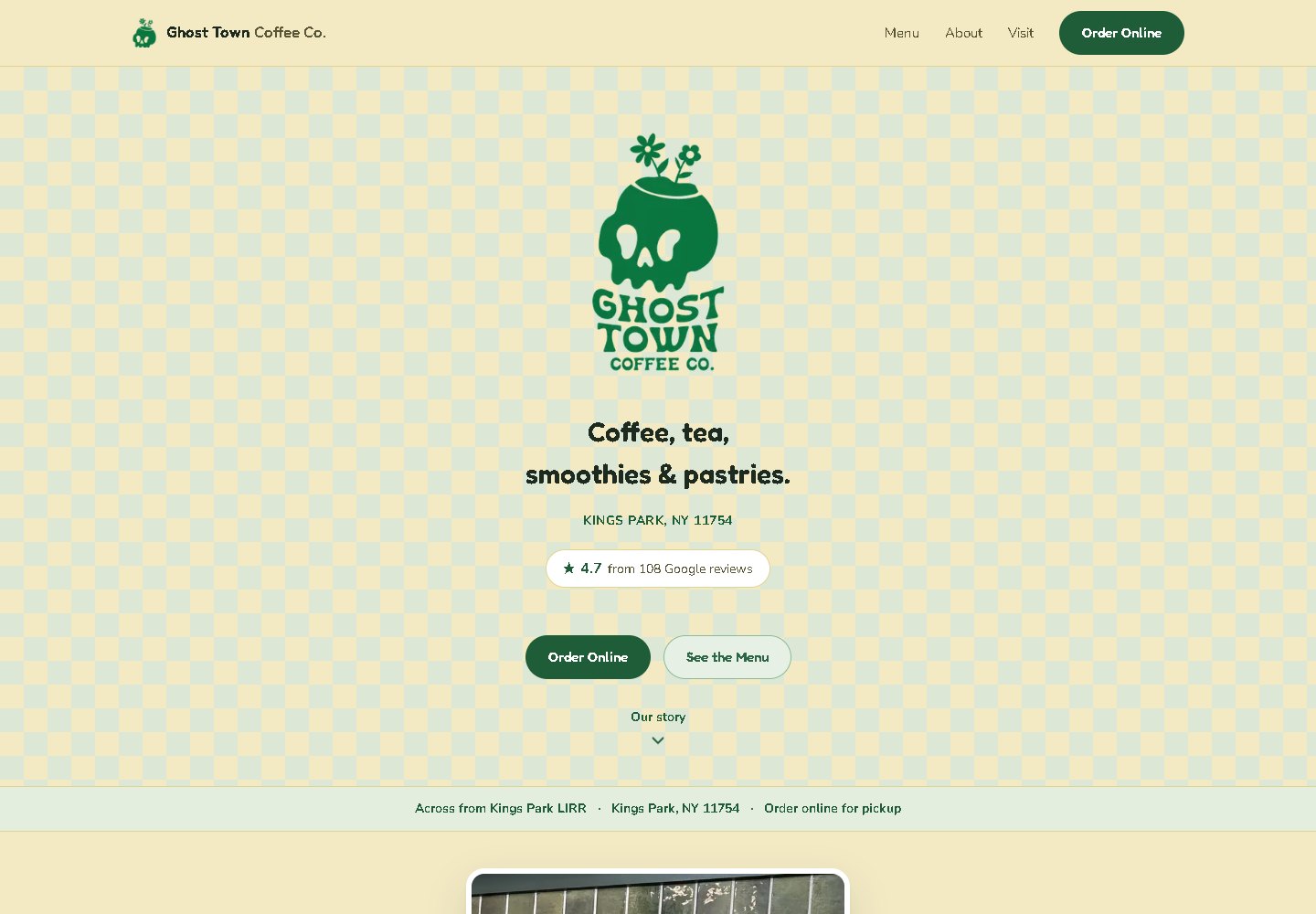 The Ghost Town Coffee store: the green skull logo on a checkered cream hero, with Order online and See the menu.