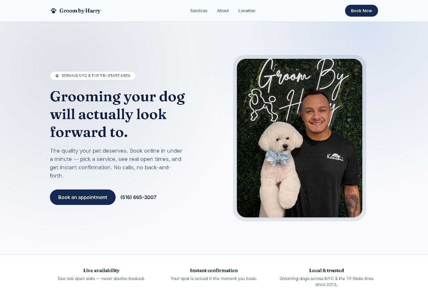 The Groom by Harry site: Harry with a groomed bichon under the shop's neon sign, beside the booking headline.