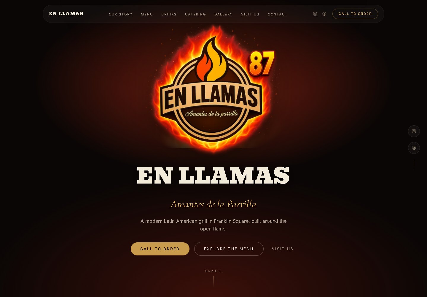 The En Llamas 87 site: the flaming badge logo centred on a dark hero, with Call to order and Explore the menu.
